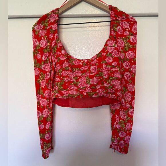 Zara Red and Pink Ruched Crop Blouse XS - Picture 3 of 8